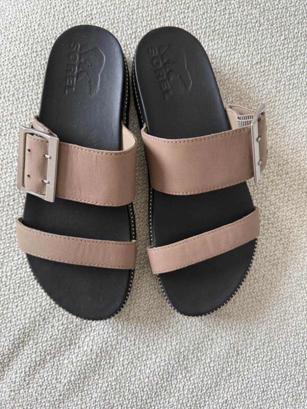 Sorel Two-Strap Taupe and Black Slide Sandals with Buckle